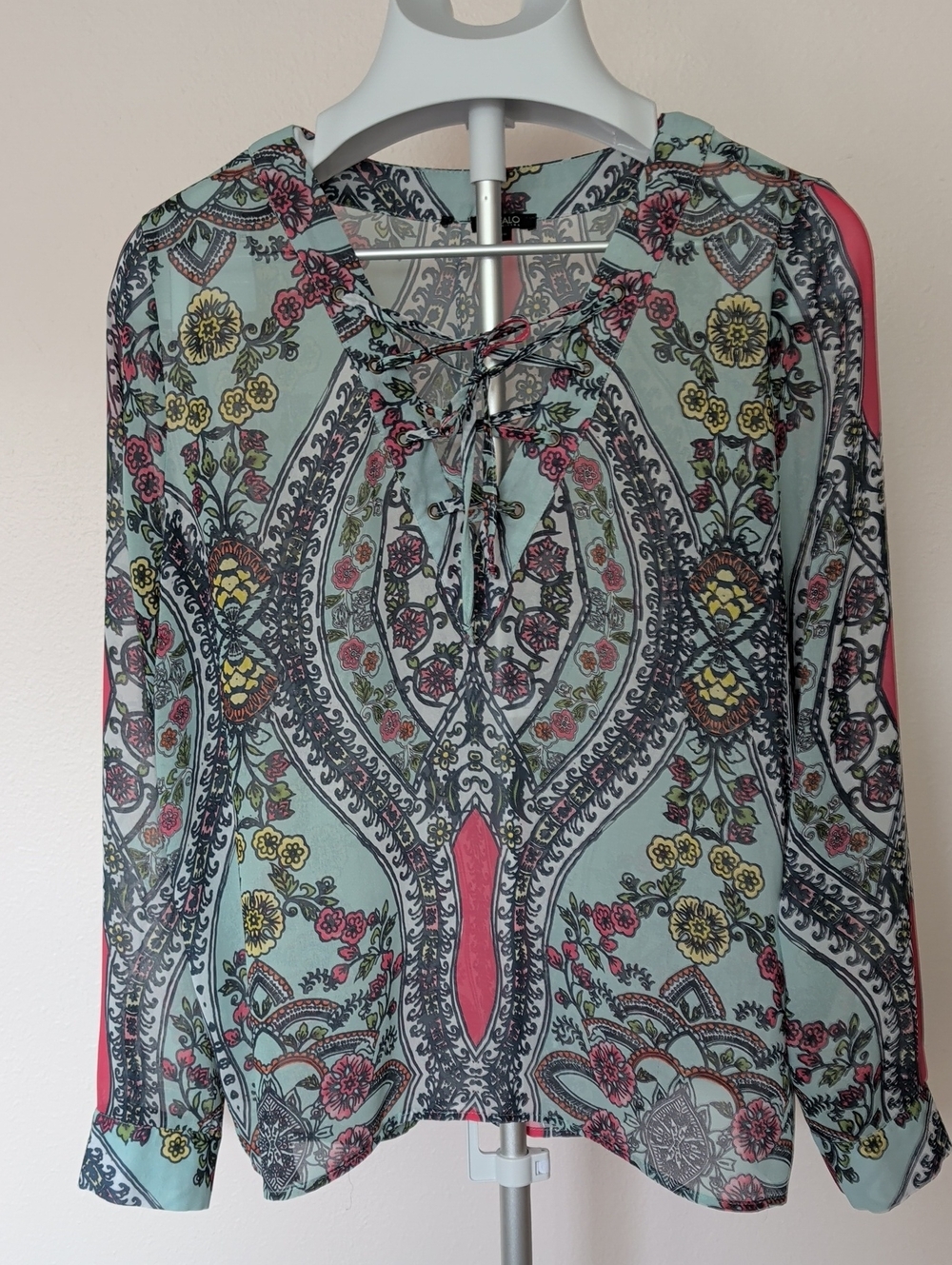 Buffalo David Bitton Mint Paisley Lace-Up Blouse with Pink Accents